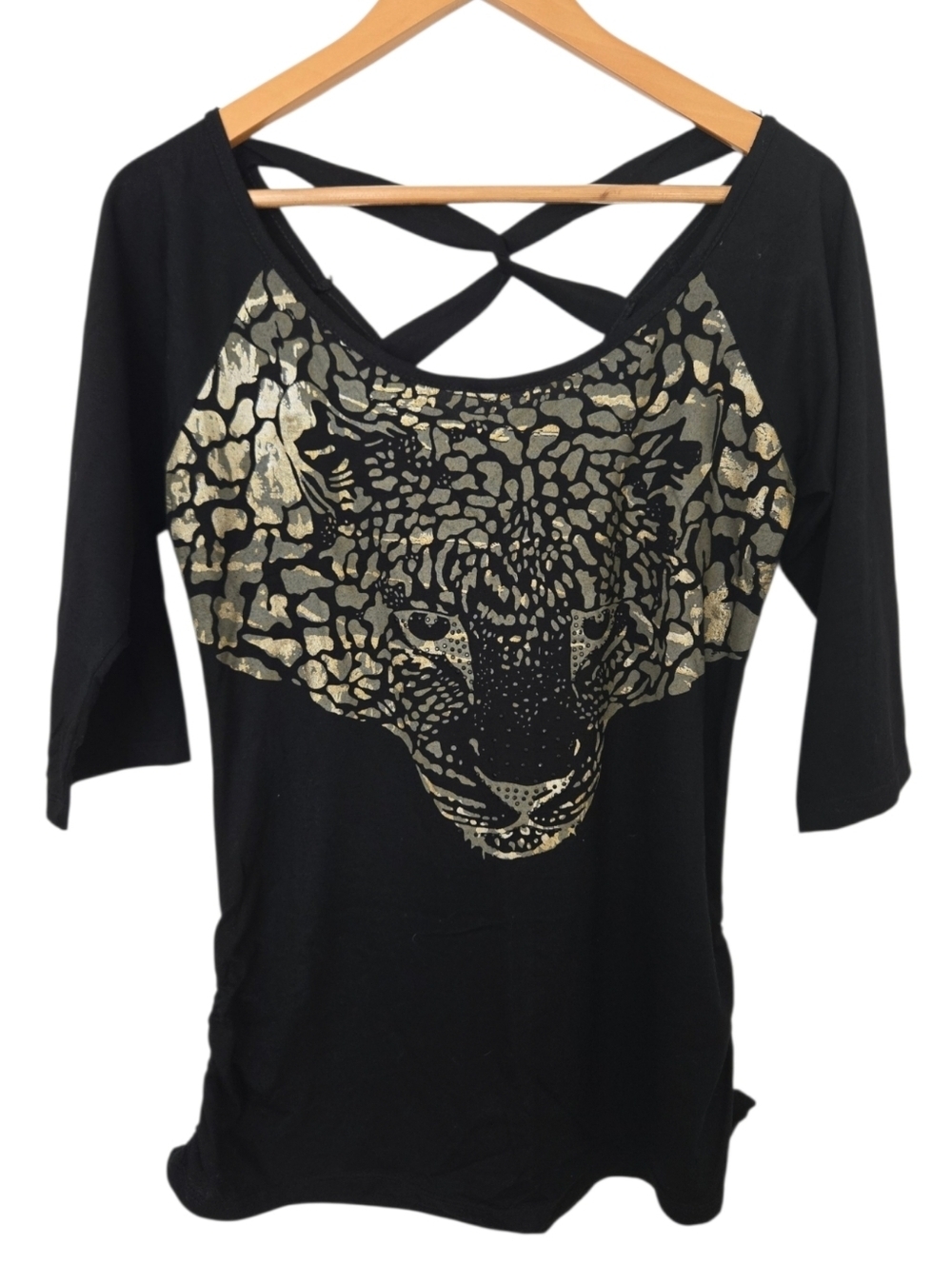 Black Gold Leopard Graphic Crisscross Back Top XL Y2K Style